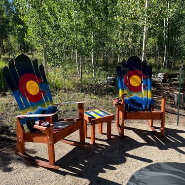 Ski Chairs Set – Hand-Painted CO Flag + Mountain Scene, Upcycled Skis 
