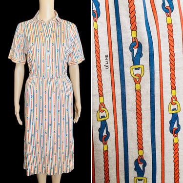 Vintage CÉLINE 1970's Equestrian Tack Print Cotton Dress Set - Two Piece Blouse & Skirt Suit Set - Made in Italy - size Small / 38 
