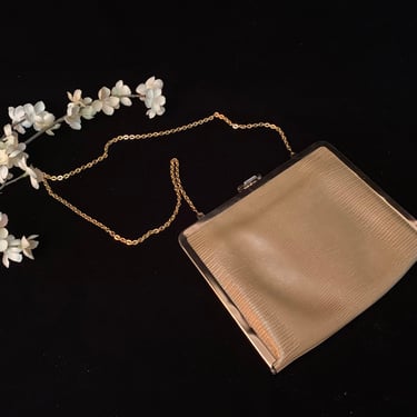 Vintage 1980s Tan Leather Reptile Pattern Clutch Bag or Gold Link Chain Golden and Yellow Faille Lining Etra, Really Flat Vintage Handbag 