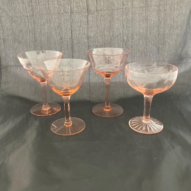 Set of 4 Mismatched Vintage Pink Depression Floral Etched Crystal Cocktail Glasses, Mixed Assorted Champagne Coupe Glasses, Retro Antique 