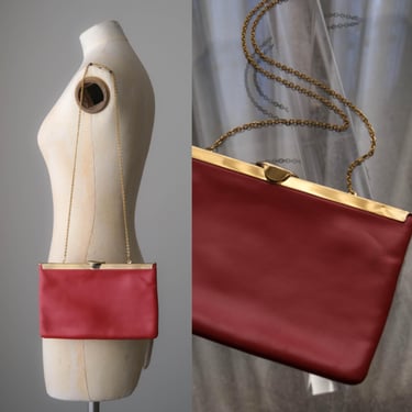 Vintage 1960s ETRA Red Leather Evening Clutch Purse | Optional Gold Shoulder Strap | Mid Century Italian Designer Handbag | Retro Cocktail 