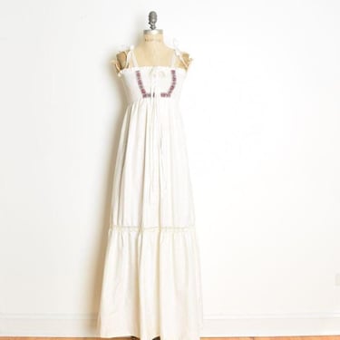 vintage 70s sun dress cream smocked hippie boho long maxi cottagecore tiered XS 