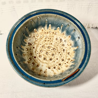 Large, Vintage Studio Pottery Colander or Strainer - Faded Denim Blue and Cream Speckled Stoneware, Leather Hanger 