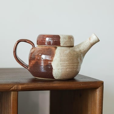 Vintage Studio Pottery Teapot Mid Century Modern Two Tone Brown White Glazed Speckled Ceramic Signed Hand Thrown Wabi Sabi Kitchen Decor 