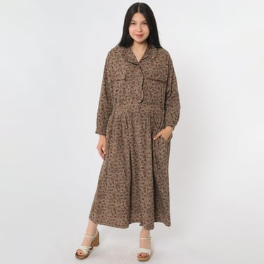 80s Brown Floral Dress Ruffle Collar Shirtdress Midi Dress Button Up Fall Dress Vintage Prairie High Waisted 1980s Long Sleeve Medium Large 