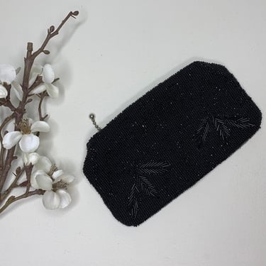 Vintage 1950s Black Bead Formal Palm Purse Glove Strap, Vintage Dance Purse Black Bead Czechoslovakia, Vintage Clutch, Vintage Wedding Purse 