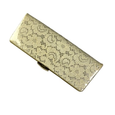 Vintage Retro 50s 60s Vinyl Plastic Covered Ivory Floral Lace Clutch Handbag Bag 