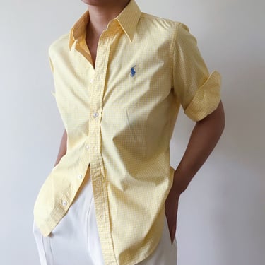 vintage blouse Ralph Lauren button down cotton yellow white plaid vintage shirt minimalist capsule wardrobe size S 