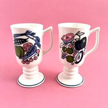 MIDCENTURY COFFEE CUPS, Set of 2, Vintage Napcoware Japan, Pedestal Mugs, Napcoware Irish Coffee, Retro Fruit Graphics 