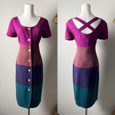 80s 90s vintage dana buchman jewel tone silk colorblock button midi dress 