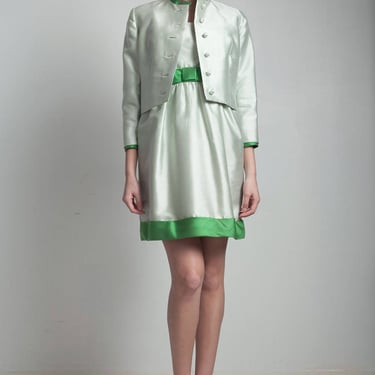 vintage 50s mini silk dress jacket set light green party cocktail bow sleeveless SMALL S 