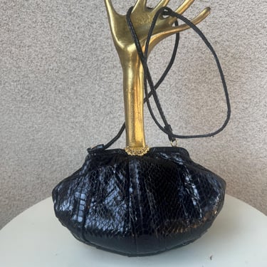 Vintage 80s shoulder clutch bag evening wear black exotic leather gold rhinestone clasps 