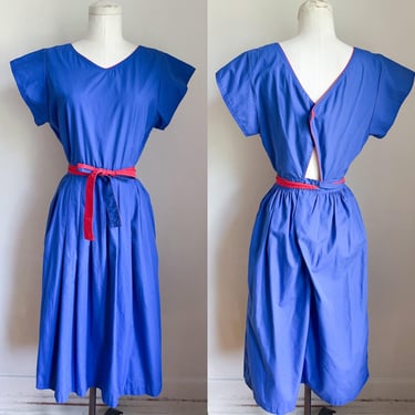 Vintage 1980s Blue & Red Color Block Open Back Dress / M 