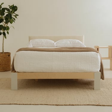 The Stockholm – Solid Birch Platform Bed Frame with Upholstered Headboard, Modern Wood Bed, Minimalist Design 