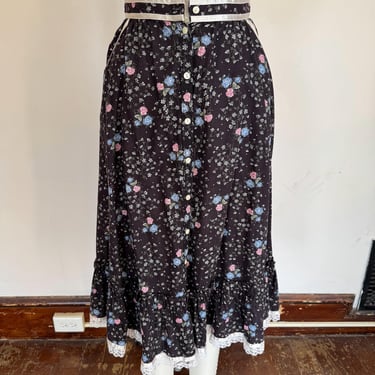 Gunne Sax Black Ditsy Floral Print Prairie Skirt - 1970s 