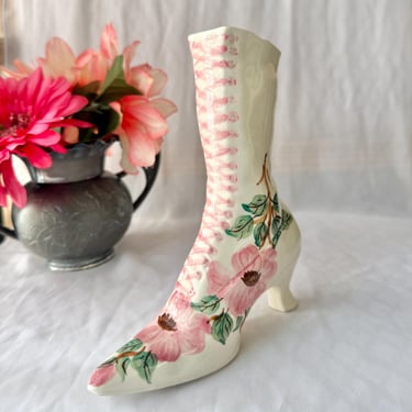 Vintage Dresser Decor, Ceramic Porcelain Boot, Floral Design, Hand Painted, 50s 60s 