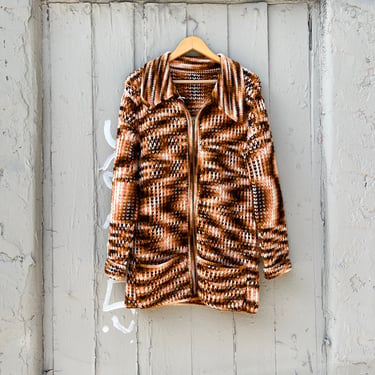 1960s Psychedelic Crocheted Dagger Collar Zip Up Cardigan