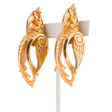 Dominique Aurientis 1980s Vintage Figural Bird Gold Tone Clip-On Earrings 