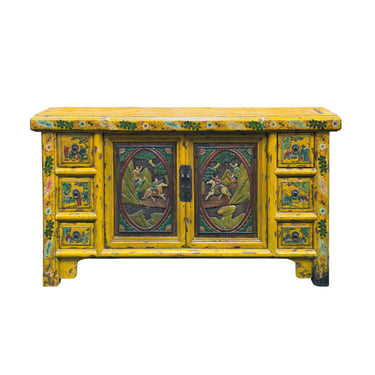 Vintage Chinese Yellow Lacquered Wood Credenza Sideboard Carved Scenic Panels ws5016E 