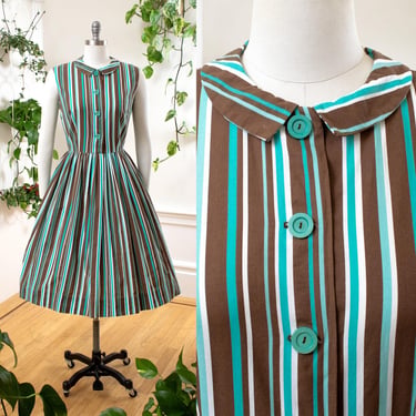 Vintage 1950s Shirt Dress | 50s Mint Chocolate Chip Striped Cotton Blue Brown Fit Flare Full Skirt Sleeveless Shirtwaist Sundress | medium 