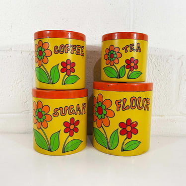 Vintage Flower Power Plastic Canisters Set of 4 Yellow Orange Mid-Century Kitchen Canister Kitsch Kawaii Flour Sugar Tea Coffee 1970s 1960s 