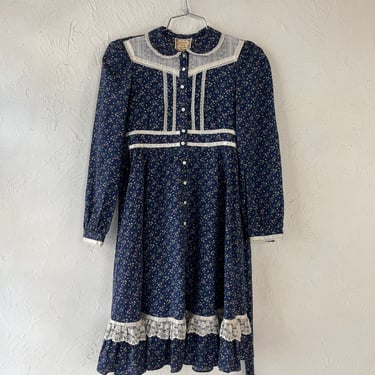 70’s ‘Gunne Sax’ Navy Floral Long Sleeve Kid Dress / 10 