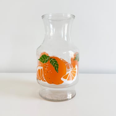 Retro Orange Print Glass Carafe Orange Juice Pitcher Anchor Hocking Vintage 1980s 