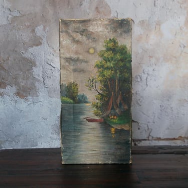 Antique canvas landscape painting: teepees, canoe, moonlit river / primitive 1900s moody oil painting / vintage art / woodland landscape 