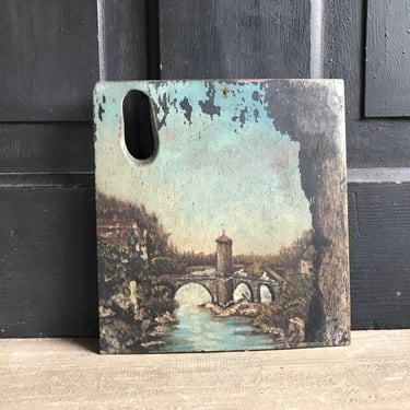 French Oil Painting Palette Board, Small Artist Palette, Pont Valentré, Handpainted, ca Early 1900s 