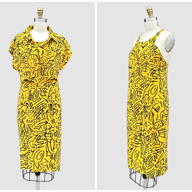 KARL LAGERFELD Vintage 80s Silk Dress & Top Set | 1980s Keith Haring Inspired 2 Piece Set | Luxury, Designer, Couture Fashion | Size Small 