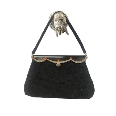 Vintage 1950's Jeweled Marcasite Frame Black Beaded Evening Purse 