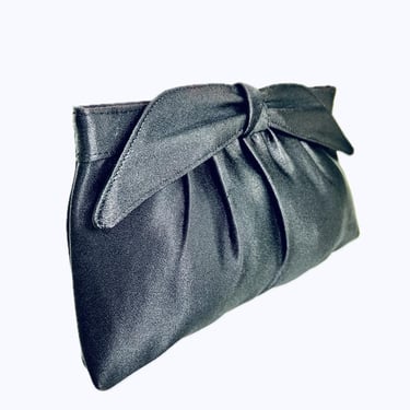 Black Sateen Evening Convertible Clutch Shoulder Bag with Bow 