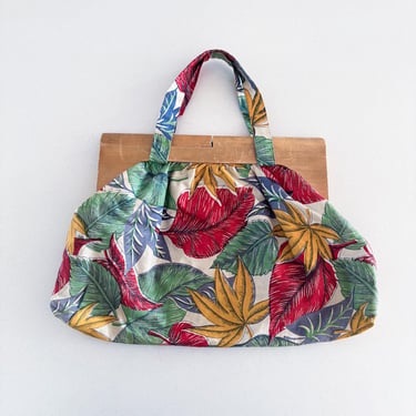 40s/50s Cotton Botanical Leaf Print Clutch with Wooden Handle 