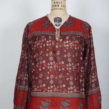 70s Vintage Indian Blouse with pretty Red & Multi Color Floral Block Print Design Sheer Cotton New Deadstock 
