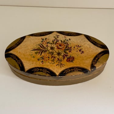 Vintage Floral Papier-Mache Oval Keepsake Box (c. 1930-1950’s) 