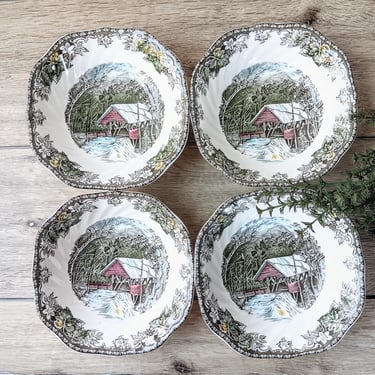 4 Johnson Bros The Friendly Village Brown Ceramic Soup Cereal Bowls/The Covered Bridge/England/French Country Cottage Farmhouse Boho 