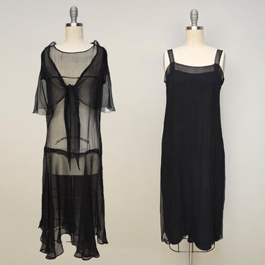 Authentic 1920s Dress and Slip Set / 20s Sheer Black Silk / Size Small Extra Small XS 