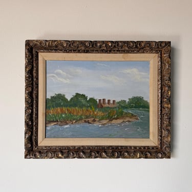 Vintage Impressionist River Landscape Oil Painting on Canvas - Framed 