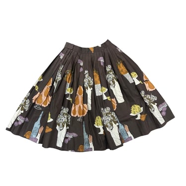 1950s Picnic Basket Print Circle Skirt / Fruits / Pears / Novelty / 28 Waist / Fit and Flare / Wine / 50s / New Look / Printed / Tea / 