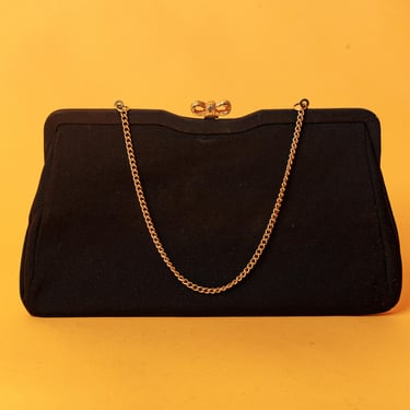 50s Black Satin Clutch Gold Bow Clasp Formal Purse Vintage 1950s Cocktail Chain Strap Evening Purse 