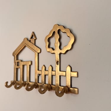 Vintage Brass House with Tree and Picket Fence Wall Key Holder 