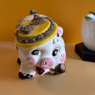 Vintage Ceramic Piggy Bank Jeweled Rhinestone Pig Decor Cottage-core Whimsical Eclectic Collectible 