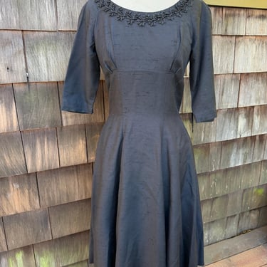 Vintage 60s black midi dress floral trim custom made Sz S/M. Fit and flare style 