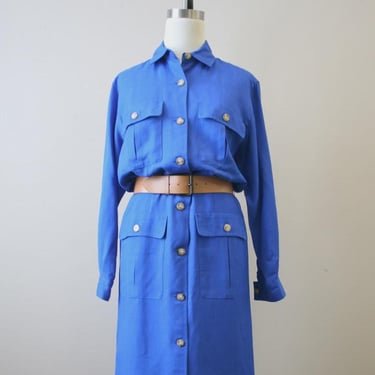 1980s Liz Claiborne Royal Blue Shirt Dress and Belt 