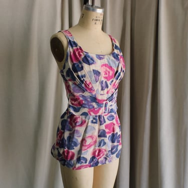 40's Bathing Suit , Vintage Floral Playsuit , Women's Extra Small 