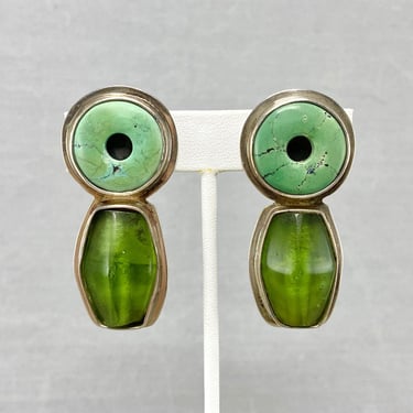 Vintage Modernist Clip-On Earrings in Sterling Silver w/ Turquoise & Green Glass 