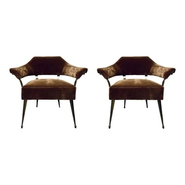 Caracole Modern Brown Mohair Louisette Lounge Chairs Pair