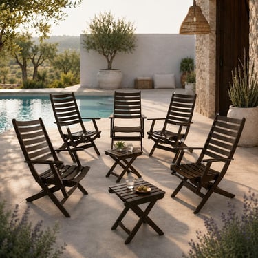 Rare German Mid Century Patio Set, 5 MESCH Folding Chairs, 2 Adjustable Side Tables, Solid Wood Outdoor Furniture 