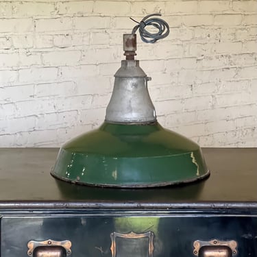 Vintage 16” Green Porcelain Enamel Pendant Light Fixture 