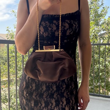 Jessica McClintock Vintage Purse, Brown Satin Clutch, 80s Retro Brown Evening Bag, Gold Chain Strap, Dark Brown Purse, MCCLINTOCK 